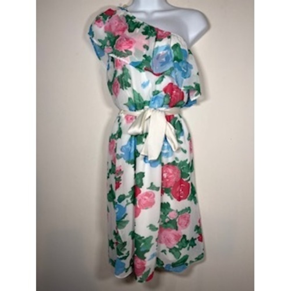 EVERLY One Shoulder Midi Dress Medium Floral Ruffle Belted Cottagecore Garden